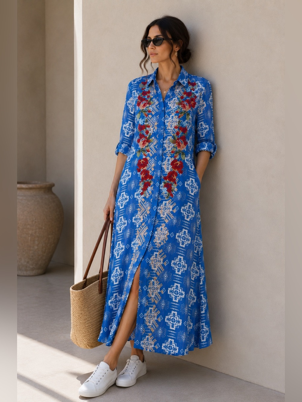 Blogger favorite Blue Boho Floral Maxi Dress Button Front Embroidered Flowy